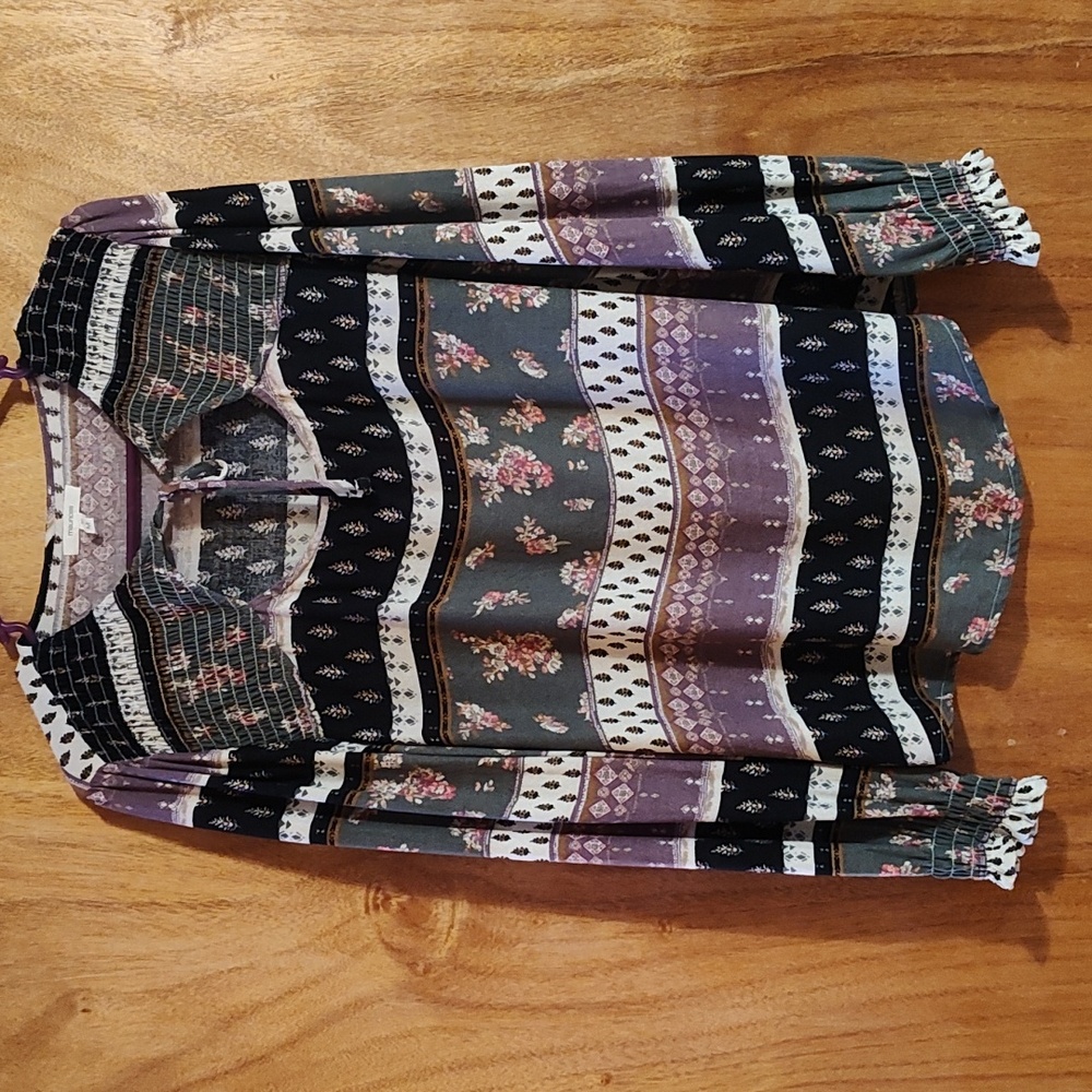 Maurices Boho Mixed Print Blouse Sage Lavender Black Smocked Tie Neck Rayon M
